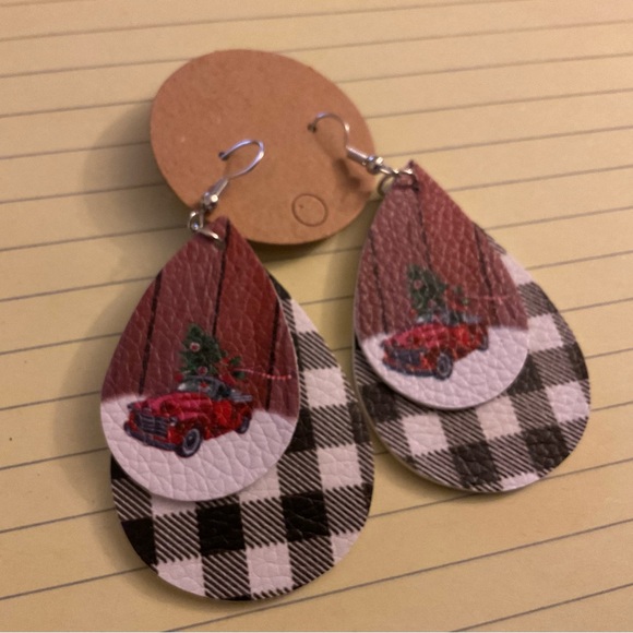 EARRINGS Buffalo Plaid & Red Truck Holiday Christmas Faux Leather NWT BOGO - Picture 3 of 5